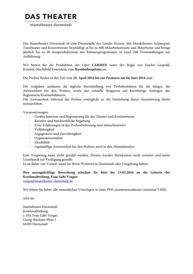 Ausschreibung hospitanz kostuem carmen