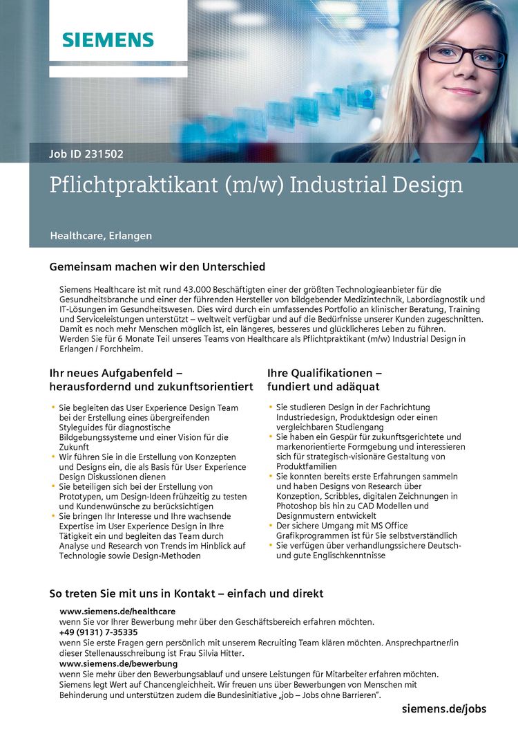 Ausschreibung praktikum industrial design