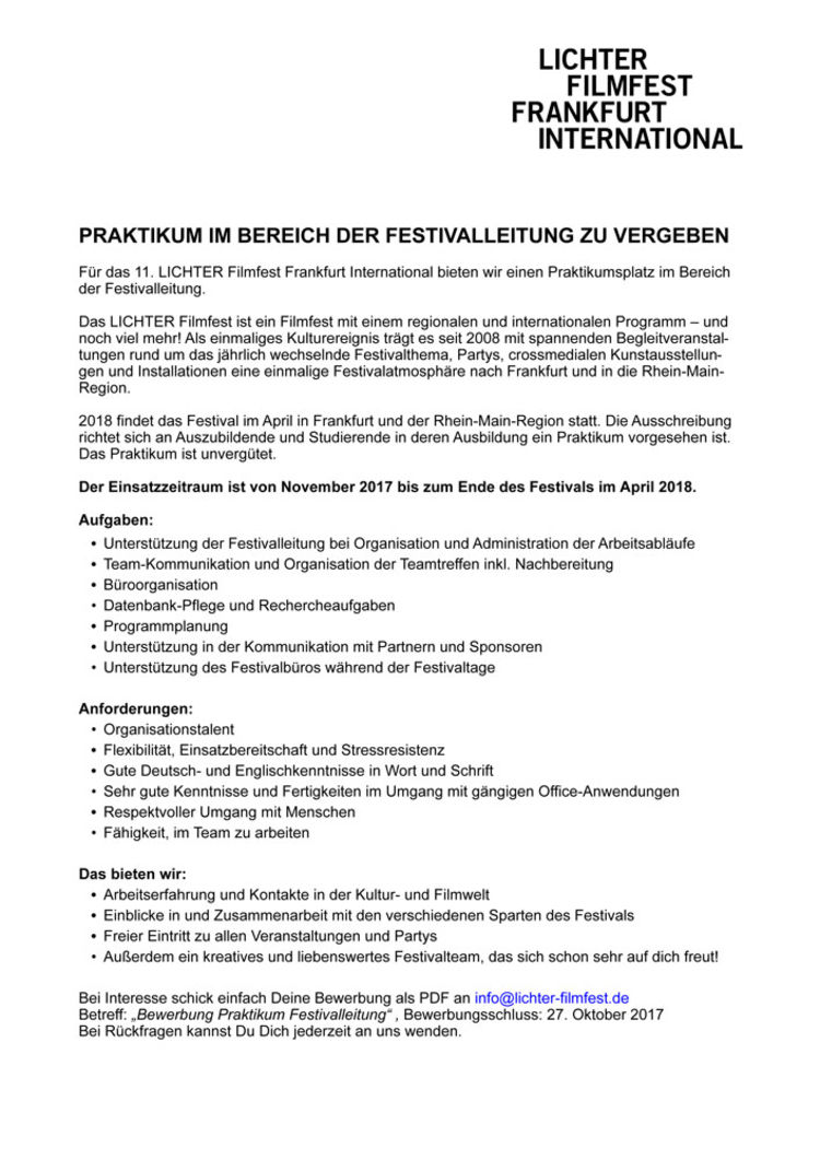 Hfg Offenbach Praktikum Im Bereich Der Festivalleitung Zu Vergeben