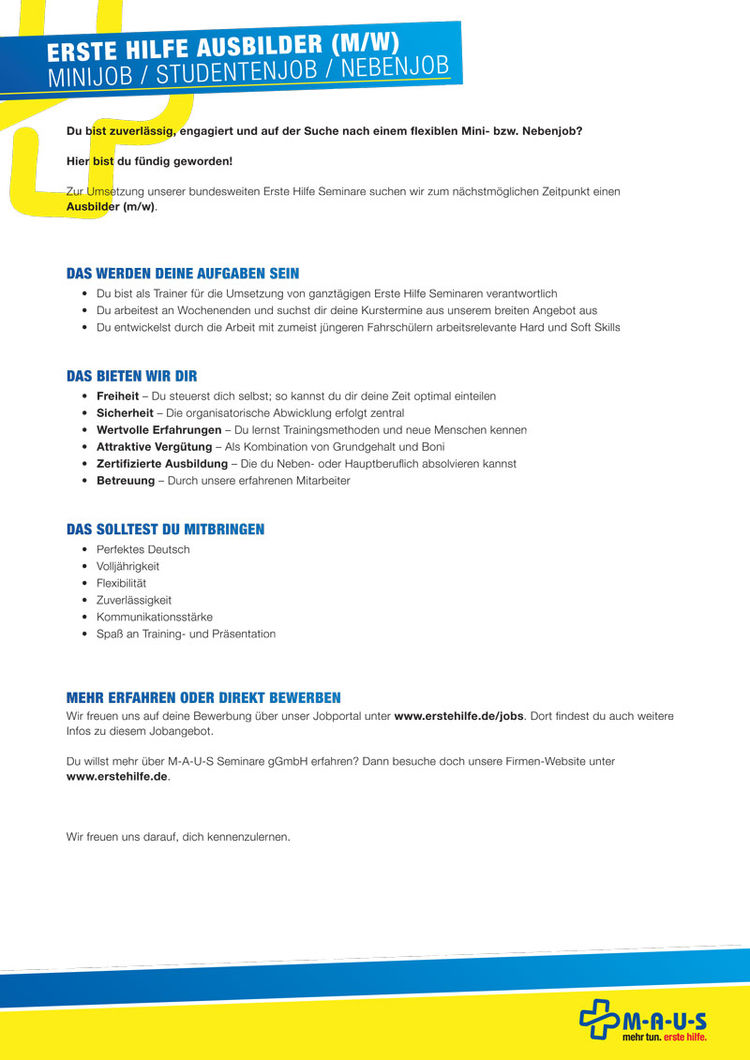 Stellenanzeige ausbilder m a u s seminare ggmbh