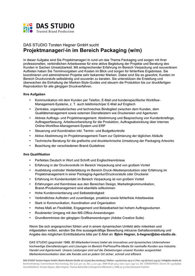 Das studio projektmanager in packaging