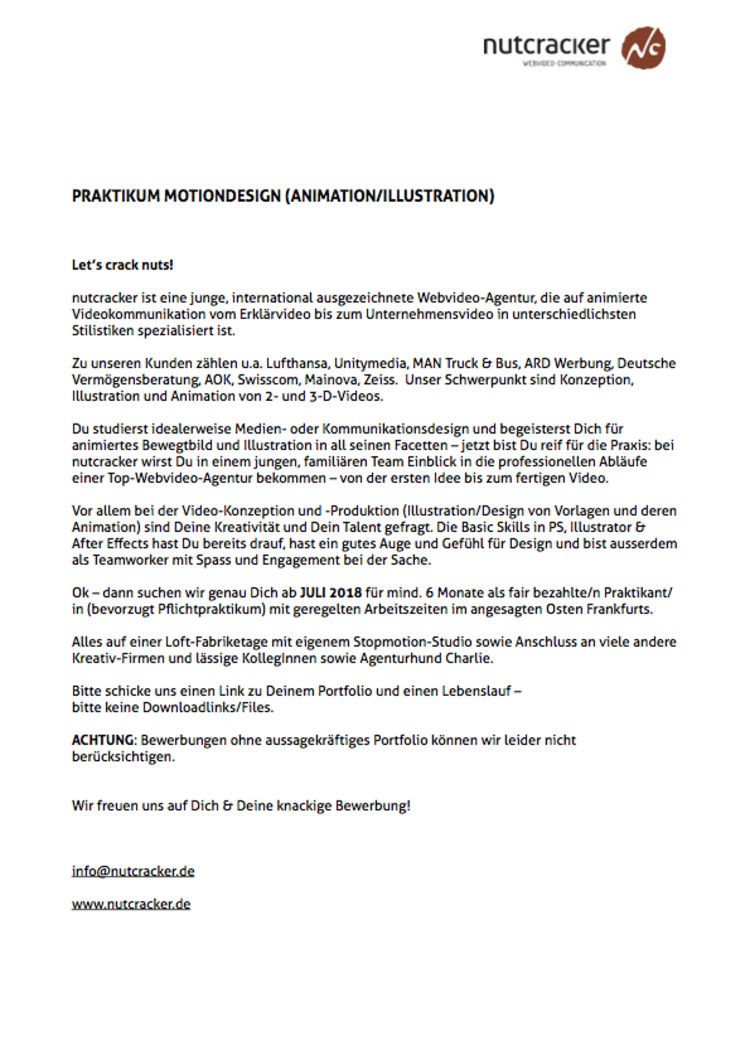 Motiondesign praktikanten stellenanzeige