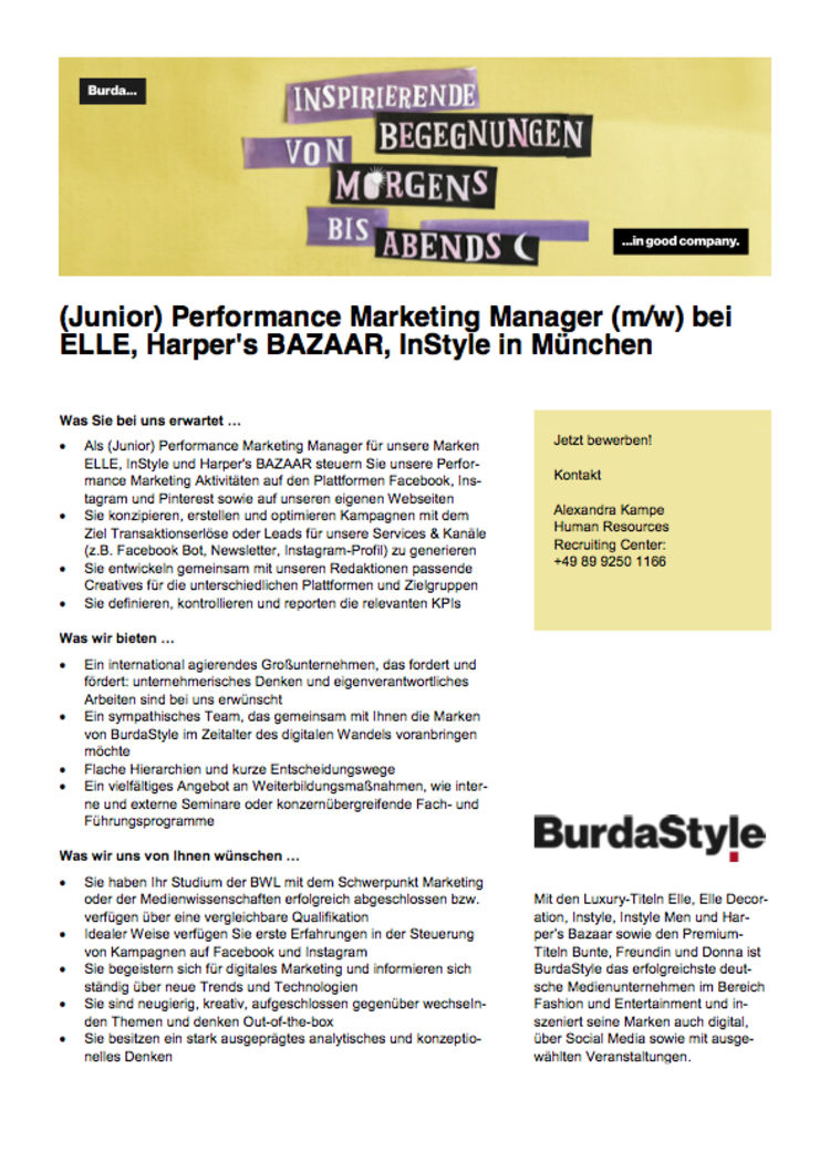 Junior perfomance marketing manager bei elle harper s bazaar instyle in muenchen