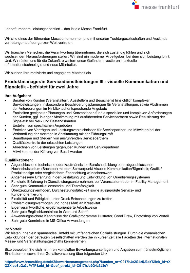 Produktmanager visuelle kommunikation und signaletik der messe frankfurt venue gmbh