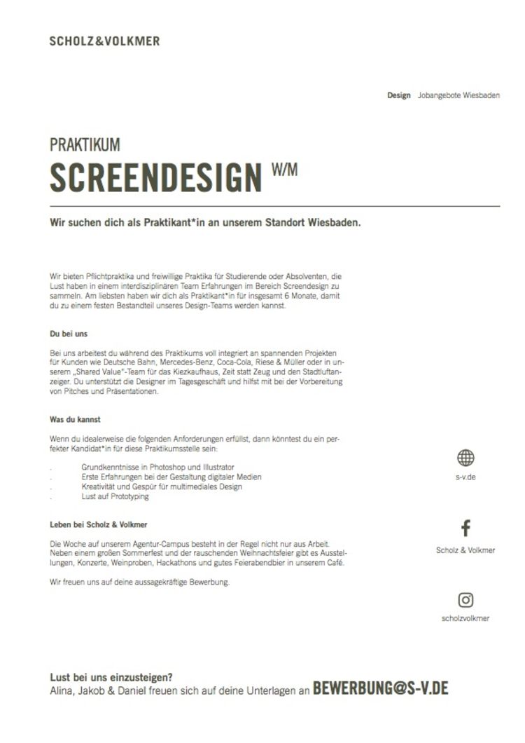 Scholzvolkmer stellenausschreibung praktikum screendesign wi