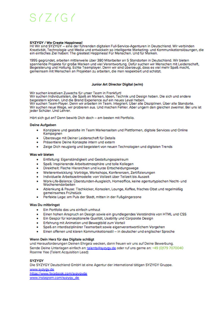 Junior art director ffm