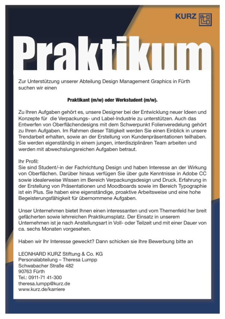 Aushang praktikum werkstudent design kurz fuerth