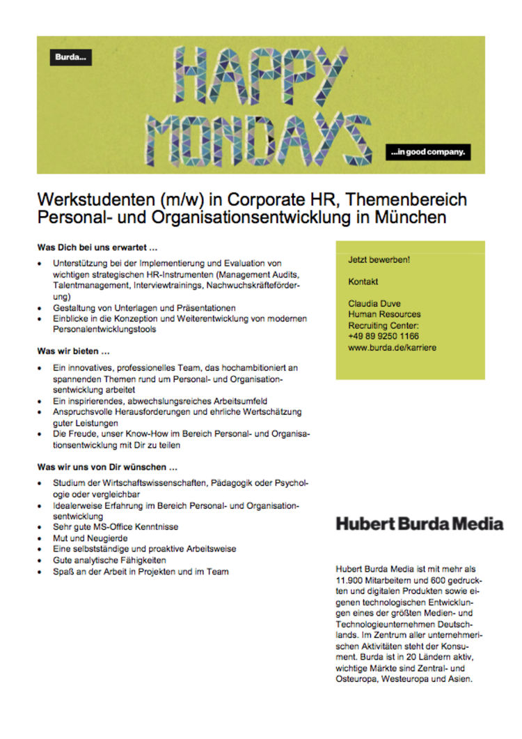 Werkstudenten in corporate hr themenbereich personal und organisationsentwicklung in muenchen