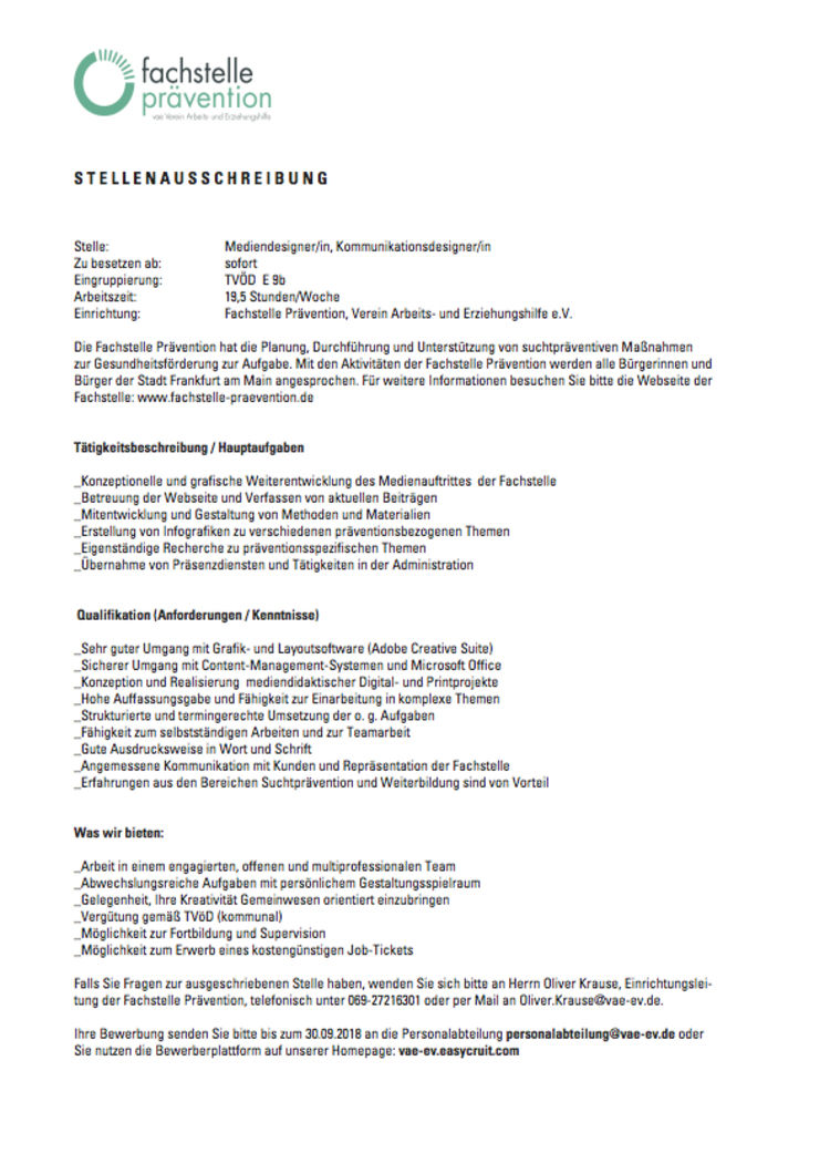 Stellenausschreibung mediendesigner mw kommunikationsdesigener mw fachstelle praevention
