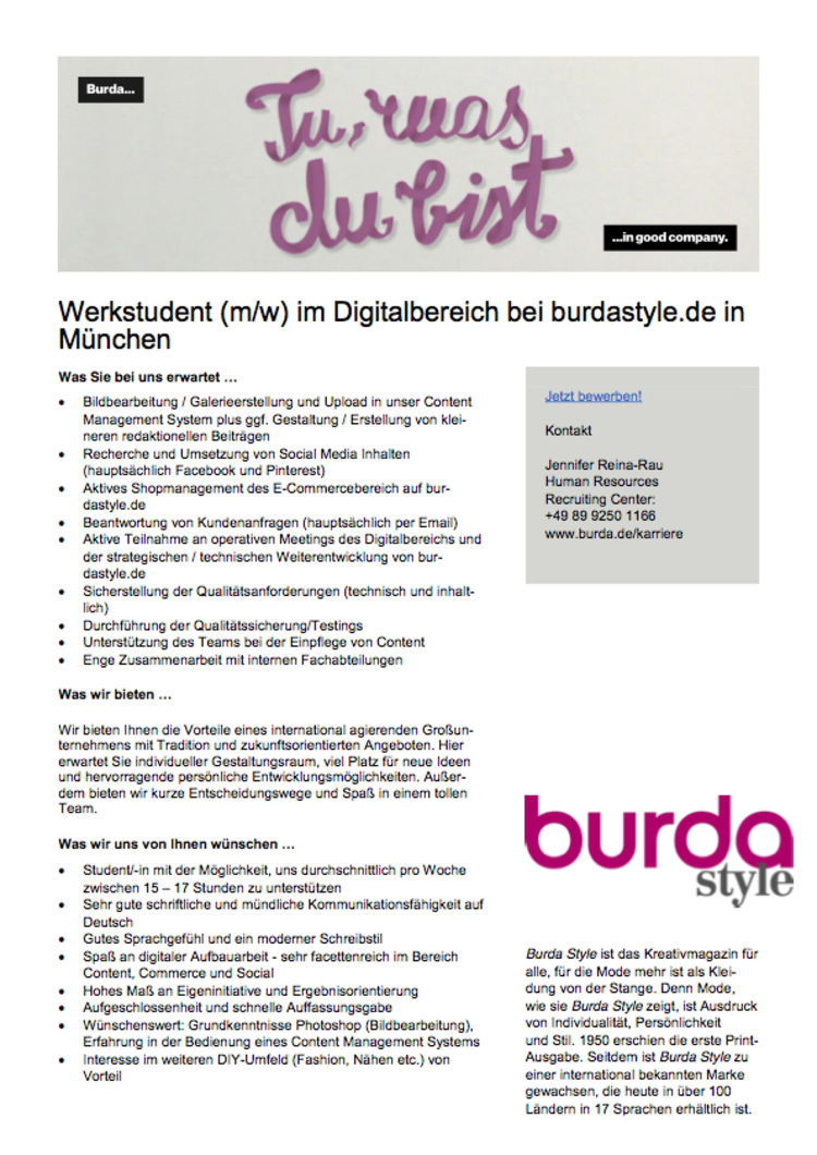 Werkstudent im digitalbereich bei burdastyle de in muenchen