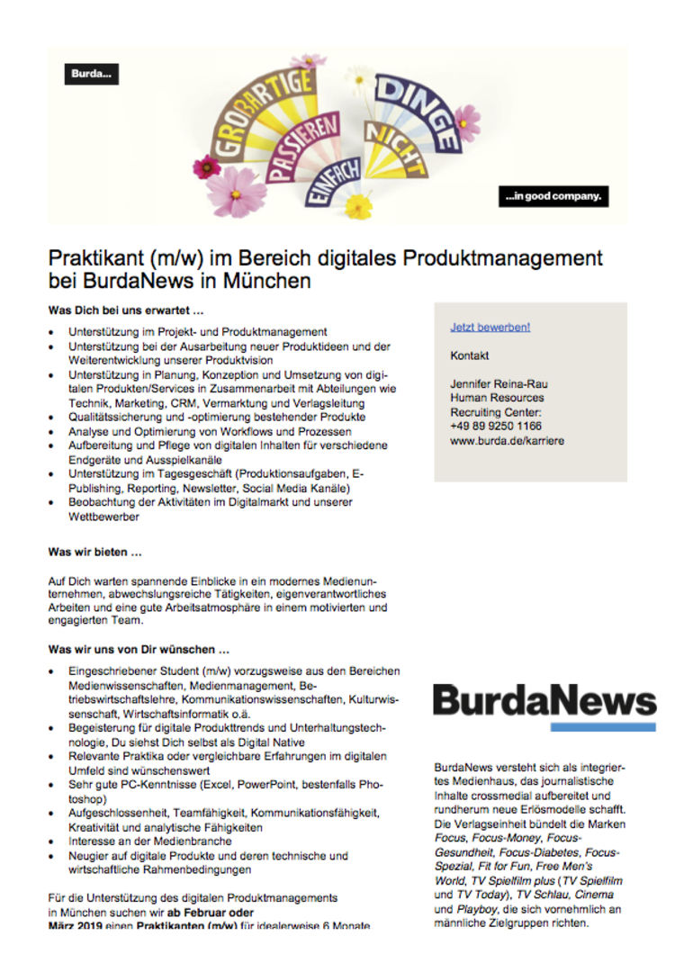 Praktikant im bereich digitales produktmanagement bei burdanews in muenchen