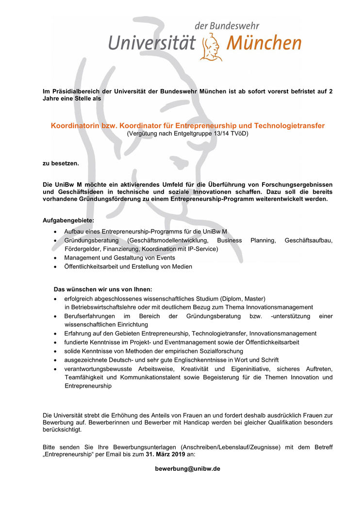 Im prasidialbereich koordi natorin bzw koordinator fuer entrepreneurship und technologietransfer gesucht
