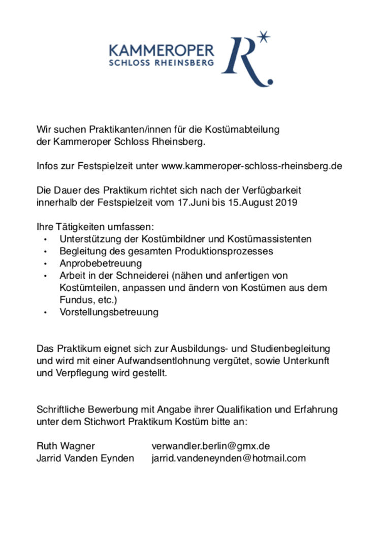 Praktikum kostuemabteilung kammeroper schloss rheinsberg