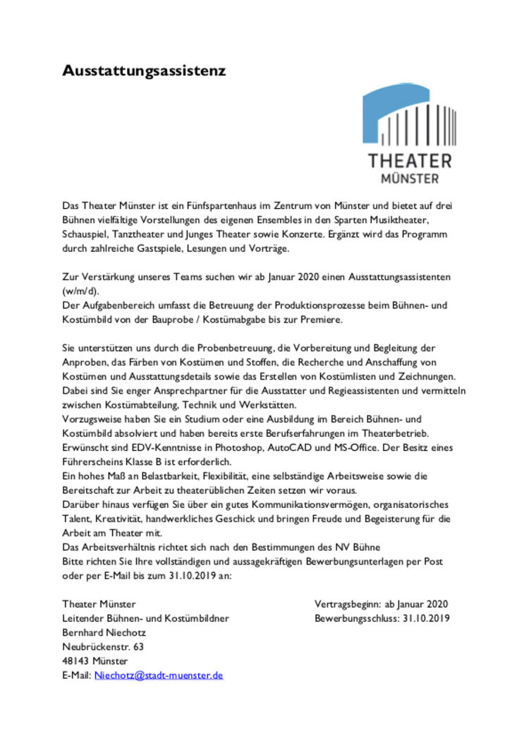 Ausschreibung ausstattungsassistenz theater muenster