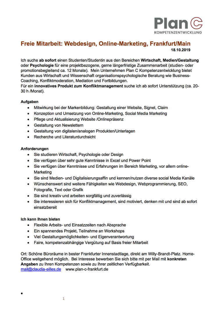 Freie mitarbeit marketing plan c 2019