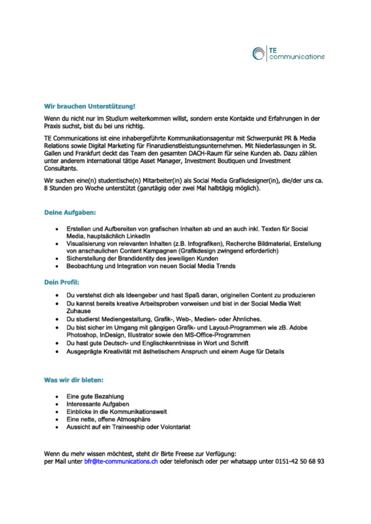 Stellenanzeige studentische mitarbeit grafik