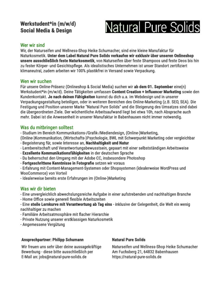 Stellenanzeige werkstudent m w d social media design