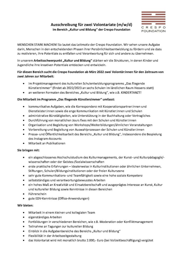 Ausschreibung volontariate crespo foundation bereich kultur und bildung final seite 1