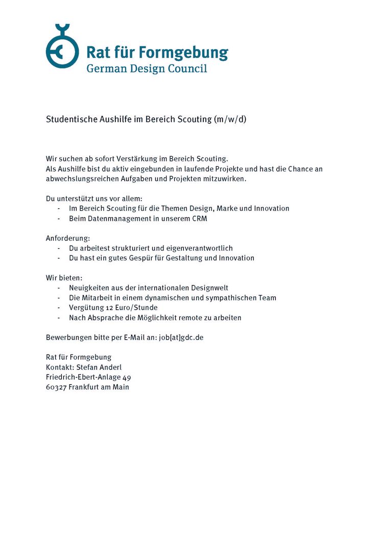Stellenausschreibung rat fuer formgebung 2022