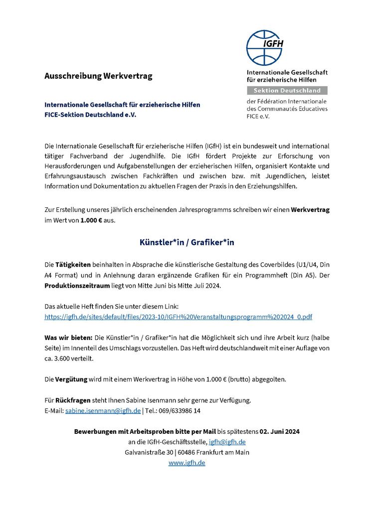 Ausschreibung werkvertrag grafiker in igfh 2024